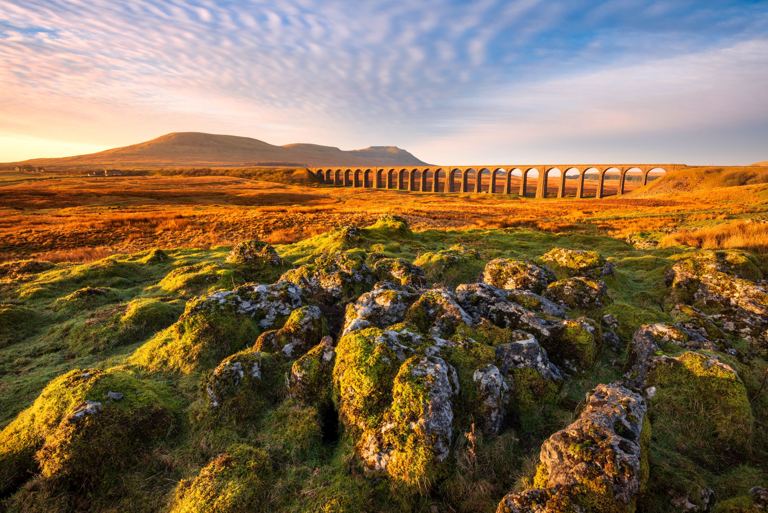 Beautiful scenic view with golden morning light at Ribblehead Vi